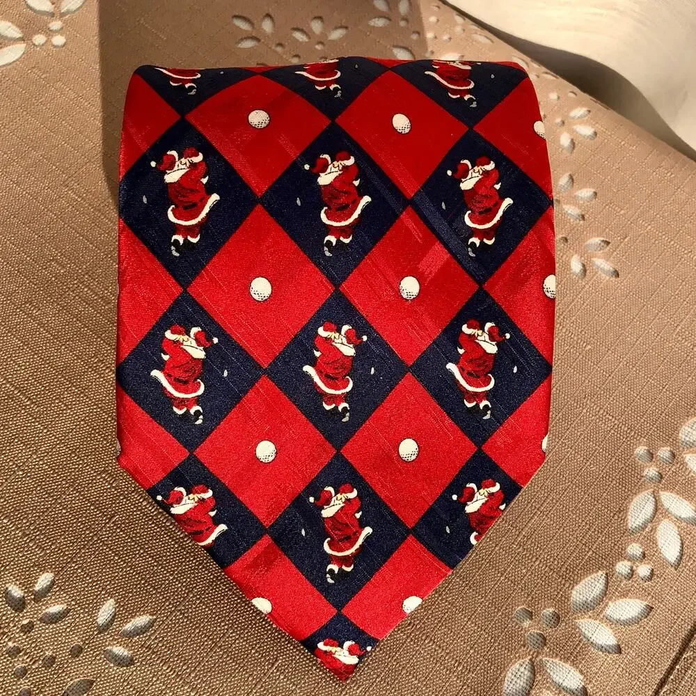 American Greetings Vintage Santa Golf Swing Print Silk Necktie